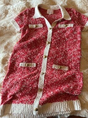 cinq a sept Red and Ivory Tweed Button Cardigan